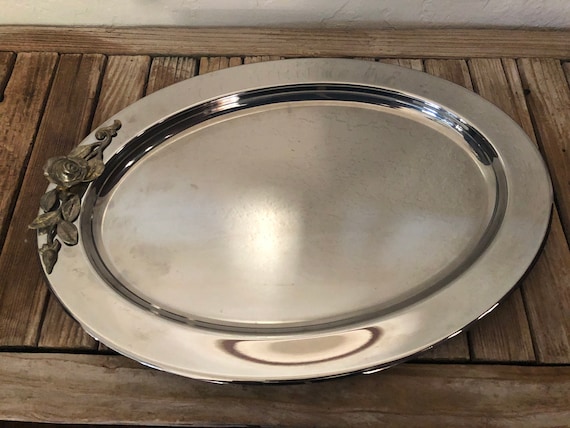 Vintage Oneida Mixed Metal Stainless 18/8 Serving Tray Rose Vine Detail