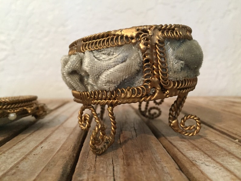 Vintage Gold Pale Green Velvet Pearl Trinket Box