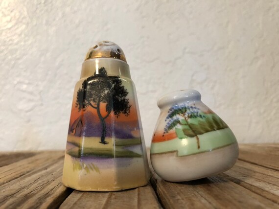 Vintage Pair of Japanese Landscape Salt and Pepper Shakers Japan