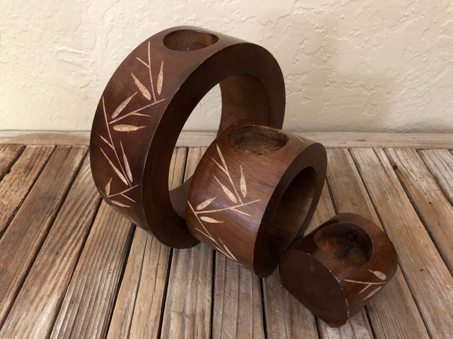 Vintage Round Nesting Mango Wood Bamboo Leaf Candle Holders Etsy