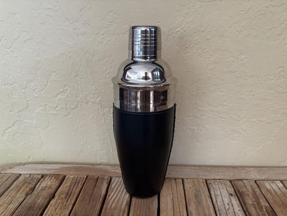Vintage Stainless Steel and Black Leather Cover Cocktail Shaker