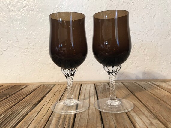 Pair of Two Brown and Clear Wine Glasses Champagne Glasses