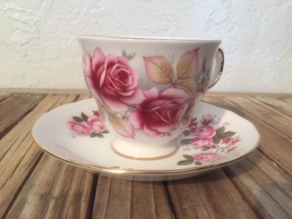 Antique English Queen Anne Bone China White Pink Roses Teacup Saucer Set Made in England 8619