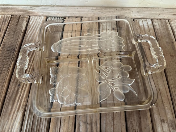 Vintage Depression Era Clear Etched Vegetables Glass Serving Dish