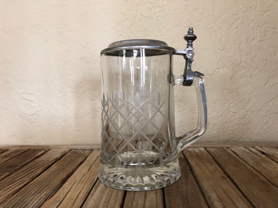 Vintage Italian Clear Etched Crystal Pressed Metal Stein