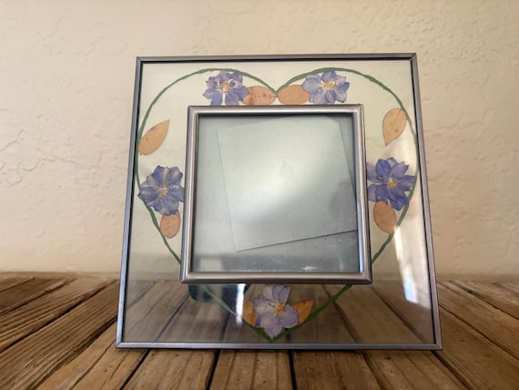 Vintage Metal and Glass Heart Pressed Flowers Frame