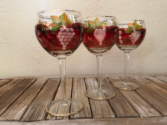 Vintage Set of 3 Red Hand Painted Leaf and Grape Bohemian Etched Wine Glasses
