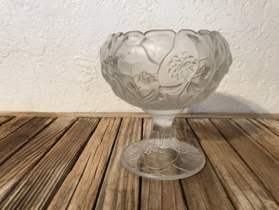 Vintage Frosted Opaque Glass Art Nouveau Floral Footed Bowl