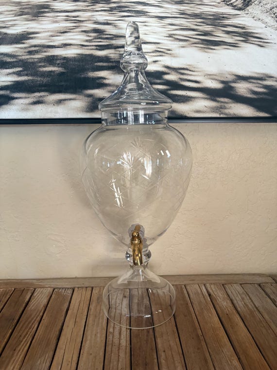 Vintage Etched Glass and Brass Water Punch Alcohol Dispenser