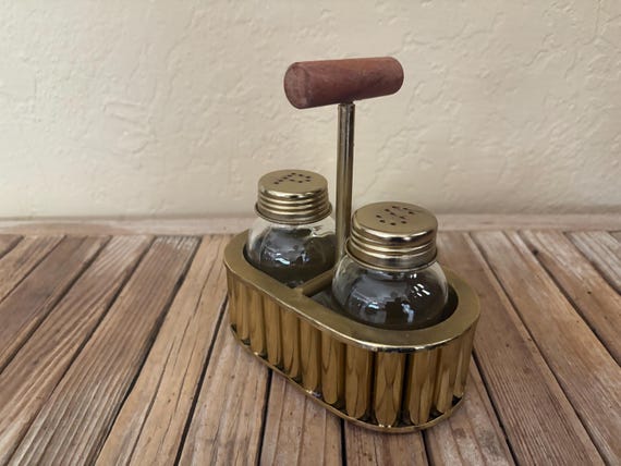 Mid Century Wood and Gold Salt and Pepper Shakers