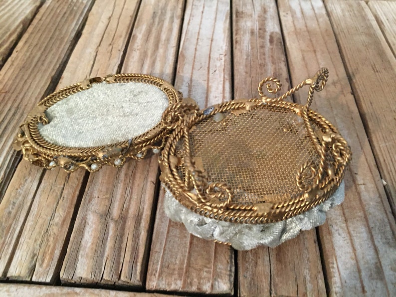 Vintage Gold Pale Green Velvet Pearl Trinket Box