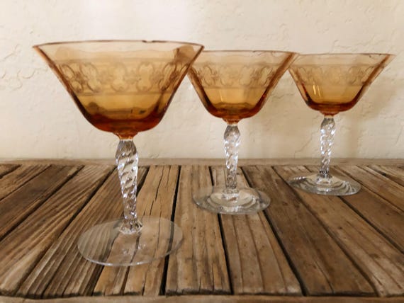 Set of 3 Etched Amber Glass Champagne Coupe Glasses