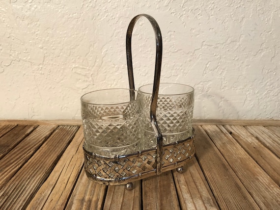 Vintage Silver Metal Stand With Cut Glass Cups