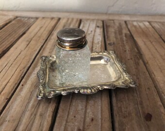 Vintage Cut Glass Salt and Pepper Shaker With Silver Plated Hong Kong Tray