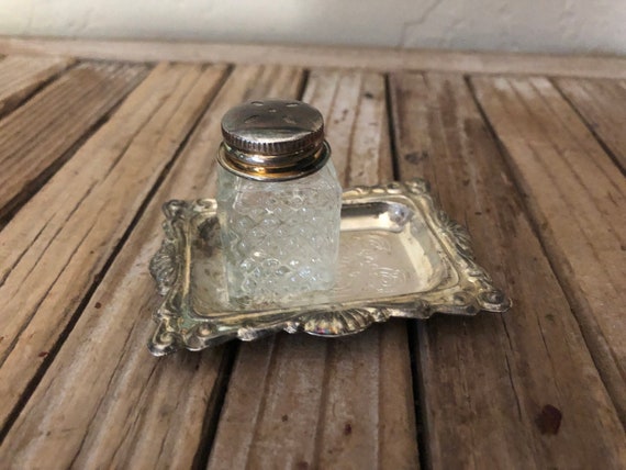 Vintage Cut Glass Salt and Pepper Shaker With Silver Plated Hong Kong Tray