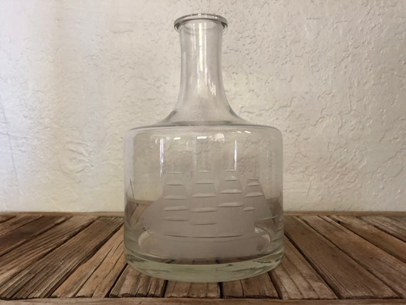 Vintage Etched Boat Glass Liquor Decanter Bottle Whiskey Brandy Bottle