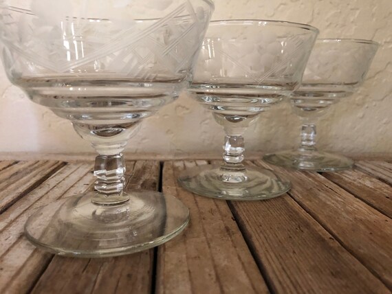 Set of 3 Etched Floral Glasses Champagne Coupes