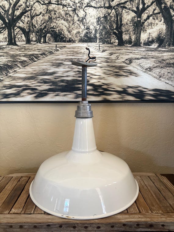 Antique Extra Large 18" Across White Enamel Over Metal Factory Barn Light White Metal Industrial Farmhouse Lighting