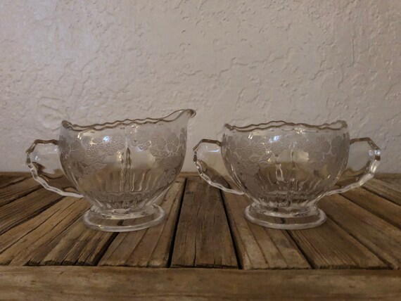 Vintage Modern Etched Floral Glass Creamer and Sugar Dish