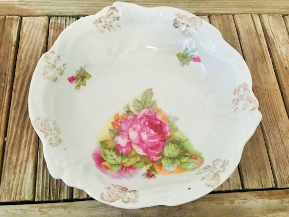 Vintage Serving Bowl Scalloped Roses and Gold