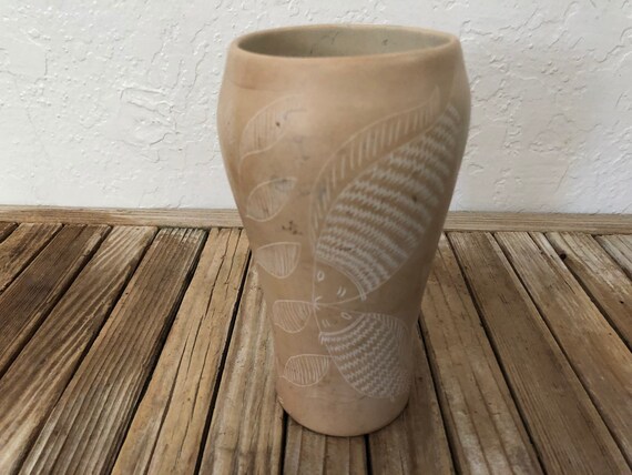 Mid Century Hand Made Beige Etched  Fish Leaf Vase