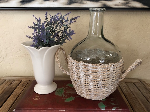 Vintage Clear Demijohn Wine Bottle in White Washed Basket Holder