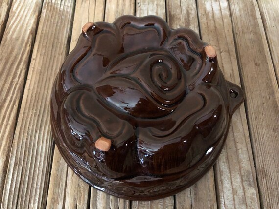 Vintage Brown Glazed Earthen Ware Floral Rose Mold Loaf Pan