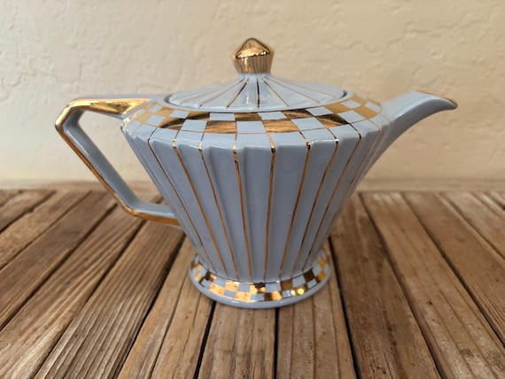 Antique Pale White Blue and Gold Teapot