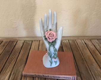 Vintage White Pink Roses Hand Form Jewelry Stand