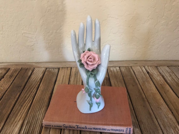 Vintage White Pink Roses Hand Form Jewelry Stand