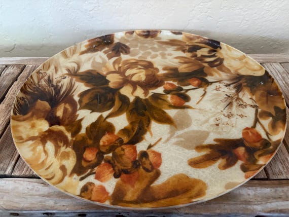 Mid Century Autumn Floral Fiberglass platter Tray Yellow Brown Green Orange