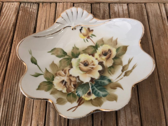 Vintage Hand Painted Yellow Floral Bowl Dish with Gold Trim