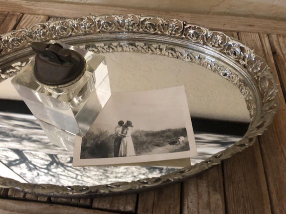 Vintage Brass Filigree Mirrored Tray