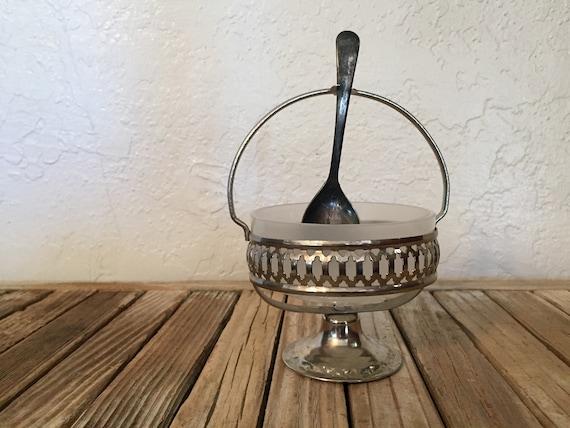 Vintage Silver and white Opaque Glass Jam Dish
