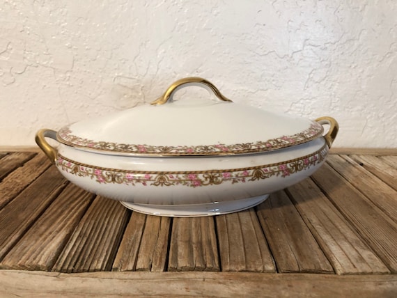 Antique Pink and Gold Ceramic Tureen Made in Japan Lidded Soup Serving Casserole