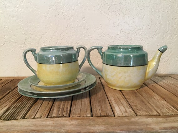 Set of Collectible Hand Painted Blue  and Yellow Luster Ware Teapot Sugar Pot and Plates