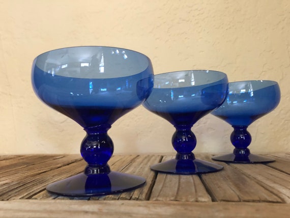Set of 3 Art Deco Bright Blue Wine Glasses Champagne Coupes