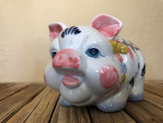 Vintage Hand Painted White  Blue and Pink Piggy Bank