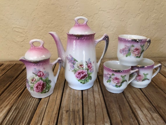 Vintage Pink White and Gold Shabby Floral Roses Teapot Creamer and 3 Small Teacups