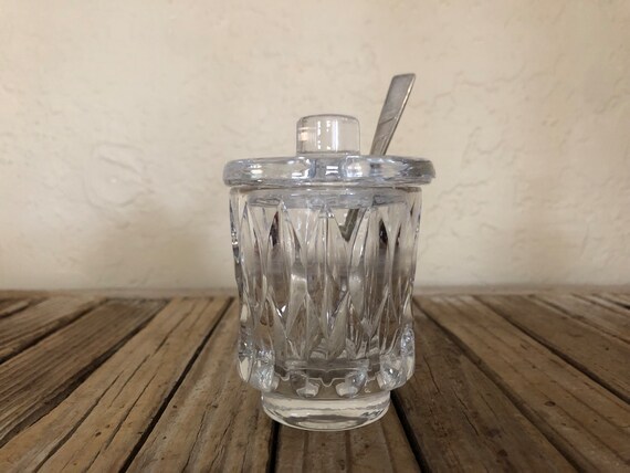Vintage Crystal Cut Glass Salt Sugar Cellar with Silver Spoon