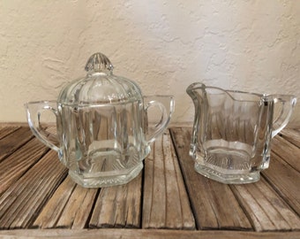 Pair of Vintage Clear Art Deco Glass Creamer and Sugar Dish