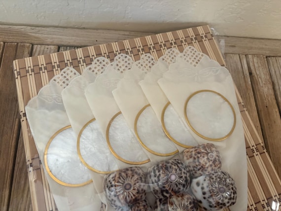 Vintage Set of Placemats Fabric Napkins Capiz Shell Coasters with Etched Shell Napkin Rings
