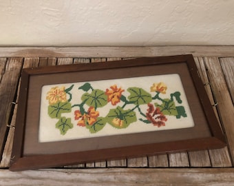 Vintage Handmade Embroidered Nasturtium Glass and Wood Tray