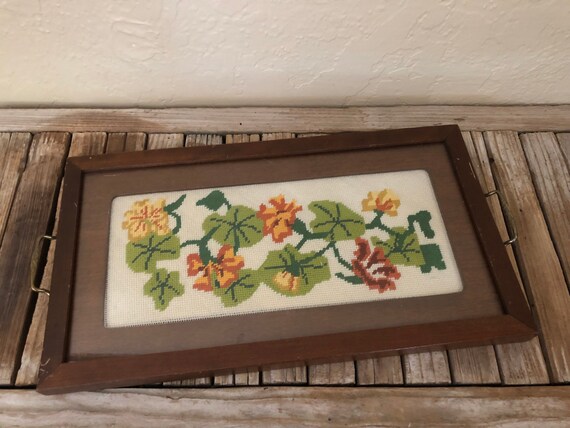 Vintage Handmade Embroidered Nasturtium Glass and Wood Tray