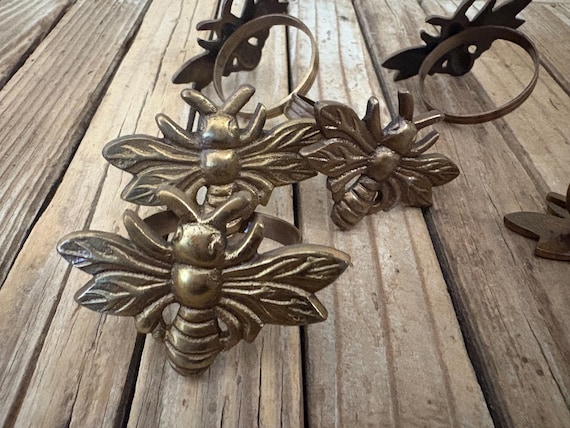 Vintage Set of 6 Bronze Metal French Bumble Bee Napkin Rings