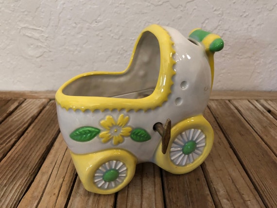 Vintage Yellow White and Green Holly Hobbys Musical Baby Carriage