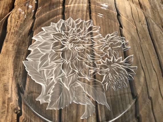 Mid Century Chrysanthemum Etched Floral Glass Plate