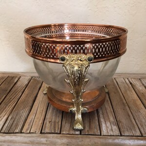 Mid Century Copper and Brass Serving Stand with Glass Bowl