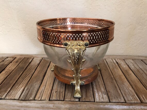 Mid Century Copper and Brass Serving Stand with Glass Bowl