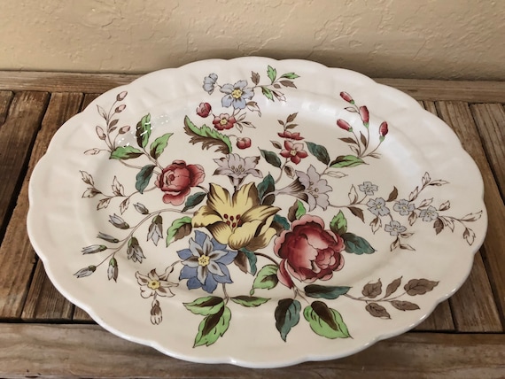Extra Large 16" Antique Booths White Pink Yellow and Green Floral Platter Made in England Booths Flowerpiece A 806 4